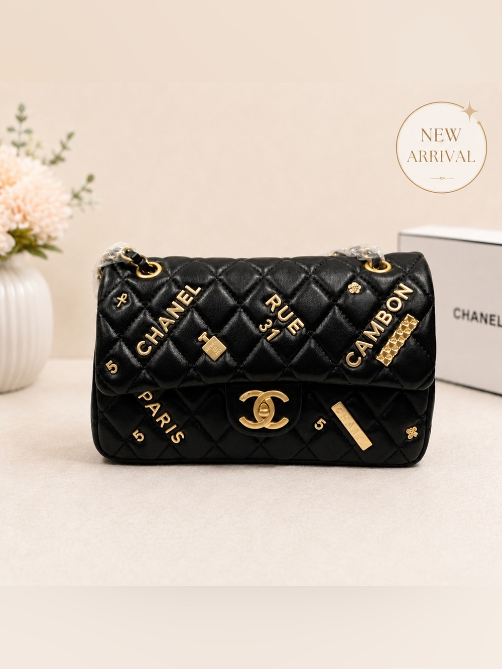 🖤 Women’s Rue Cambon Quilted Flap Bag – Black & Gold Hardware 🖤